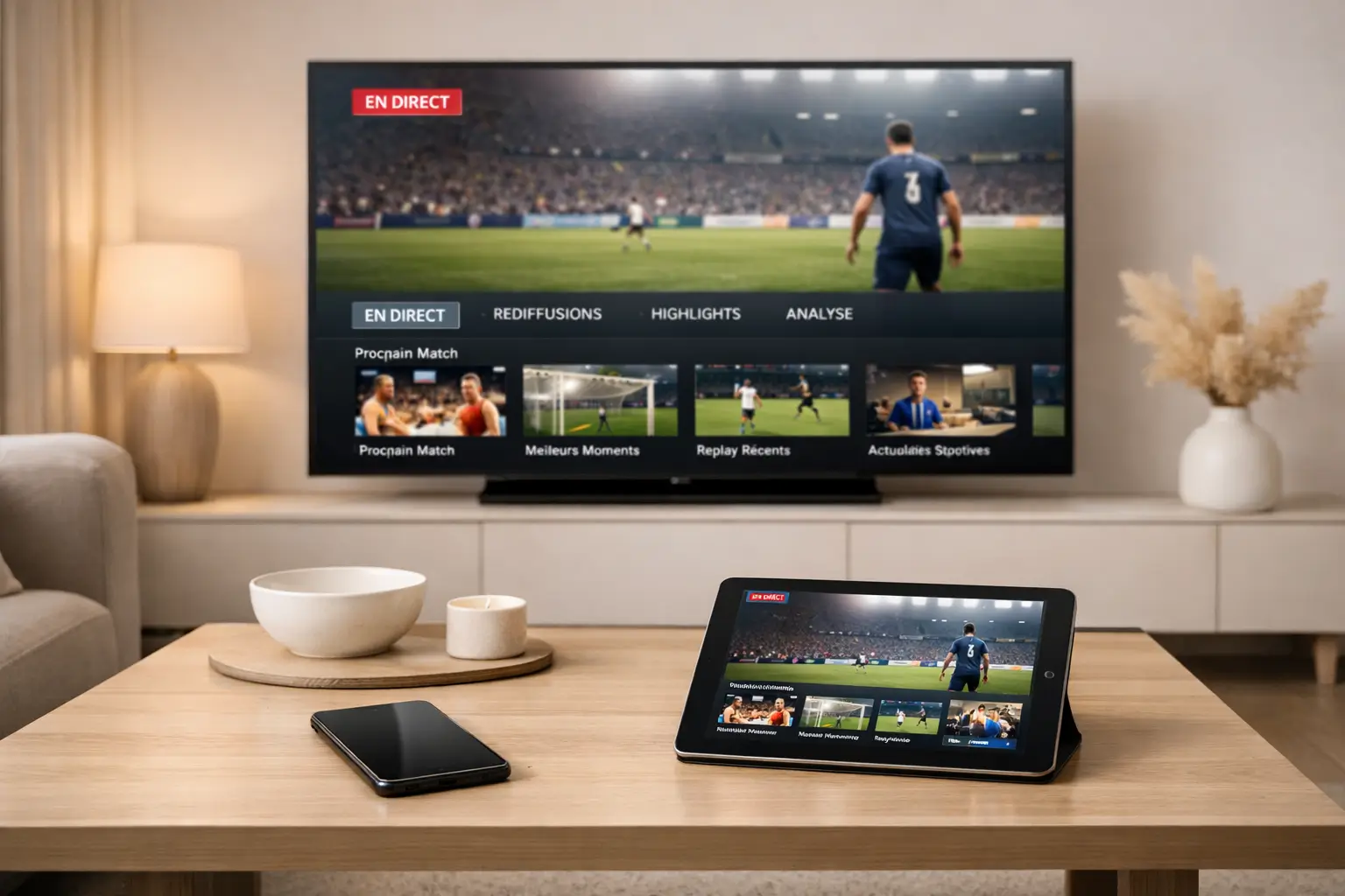 Salon moderne avec télévision connectée diffusant une interface de streaming sportif, accompagnée d’un smartphone et d’une tablette.