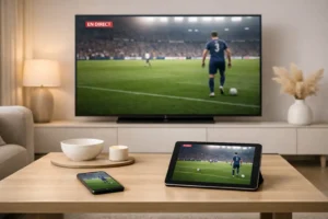 Salon moderne avec télévision diffusant un match en direct et appareils mobiles synchronisés pour le streaming sportif.