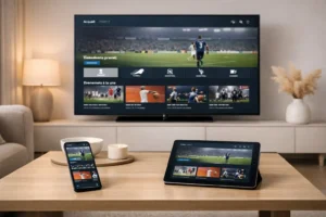 Télévision, tablette et smartphone affichant une application de streaming sportif dans un intérieur moderne.
