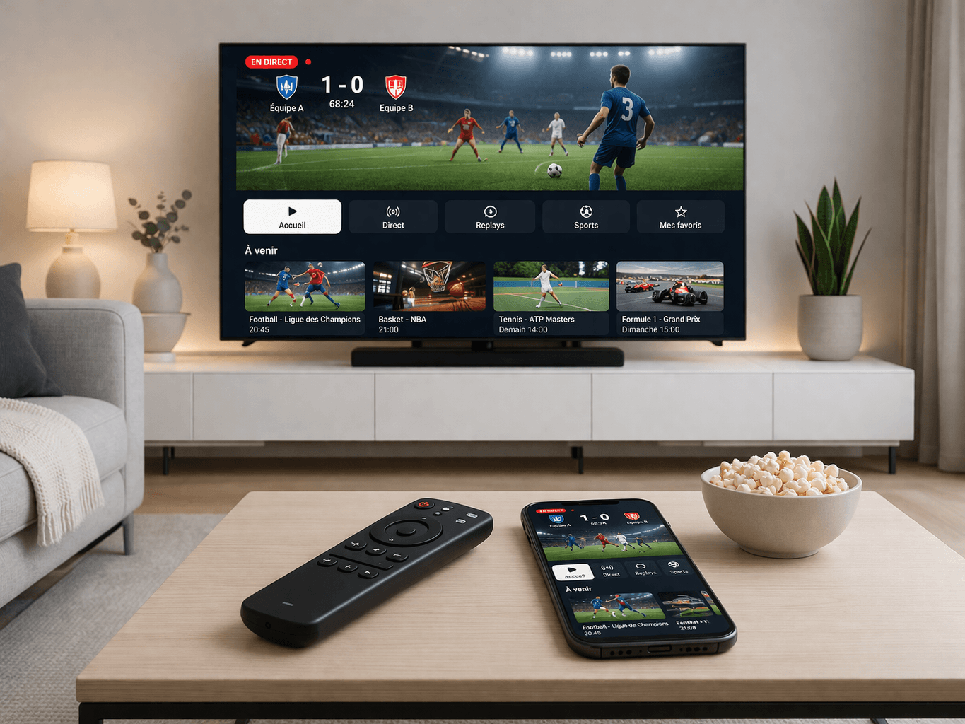 Smart TV dans un salon moderne diffusant un match de football en direct avec smartphone et télécommande sur la table.