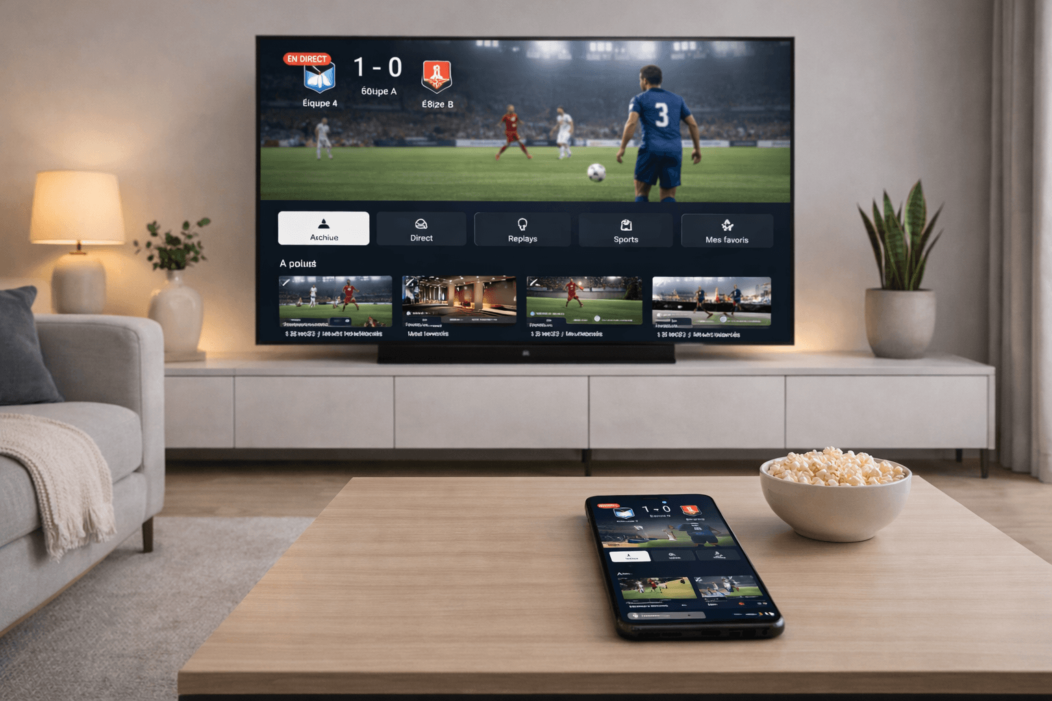 Salon moderne avec Smart TV diffusant du sport en streaming sans câble et smartphone posé sur une table basse.
