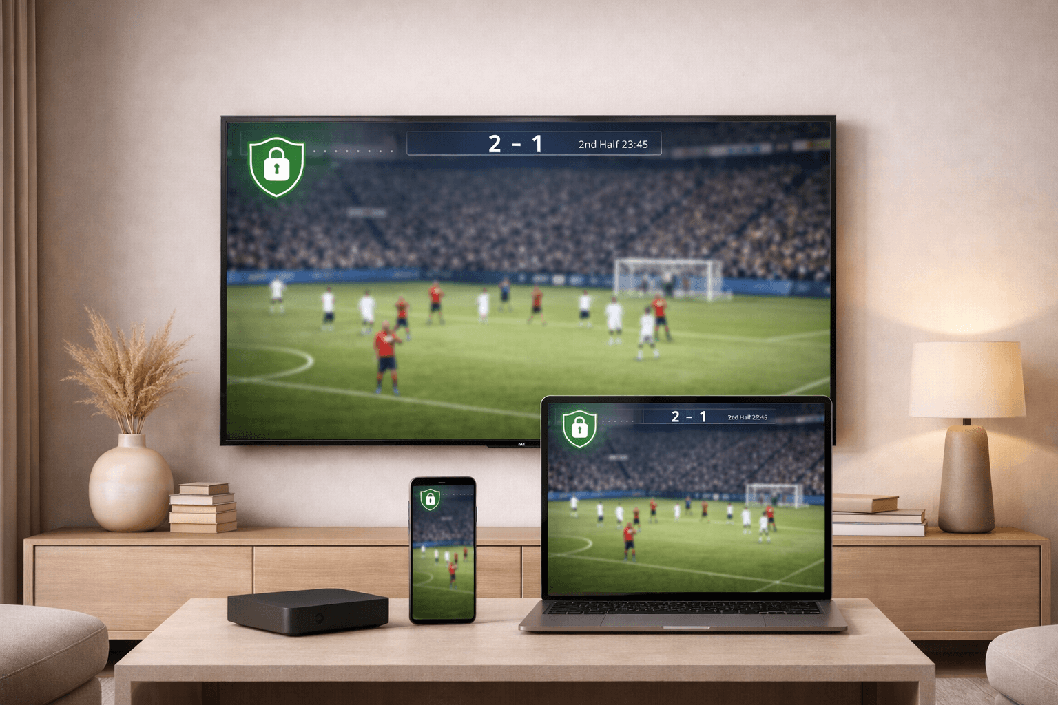 Regarder le Sport en Ligne en Toute Sécurité avec Smart TV, mobile et PC affichant une interface de streaming sécurisée et protégée pour une expérience fiable