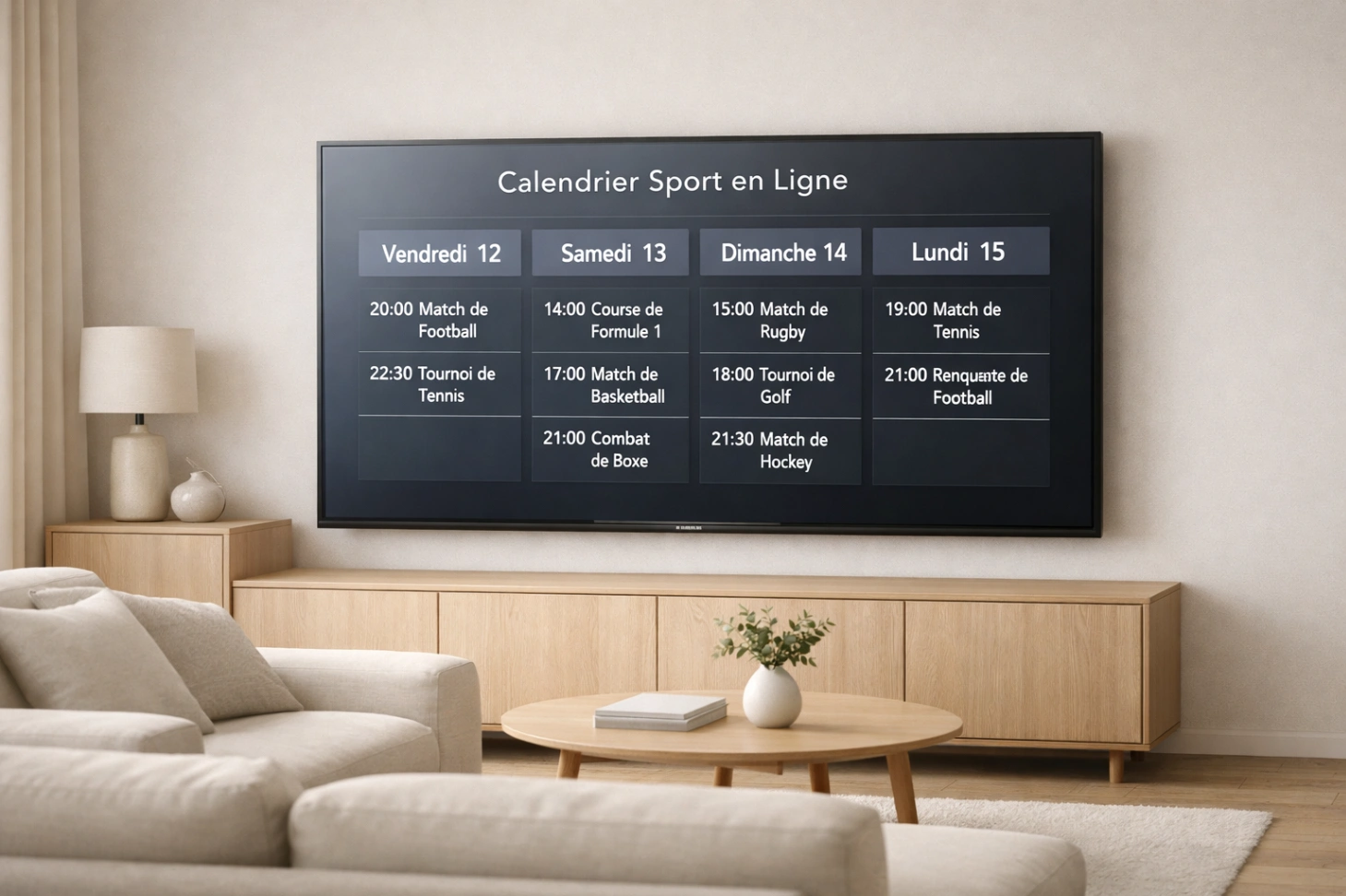 Calendrier sport en ligne affiché sur une grande télévision dans un salon moderne et minimaliste